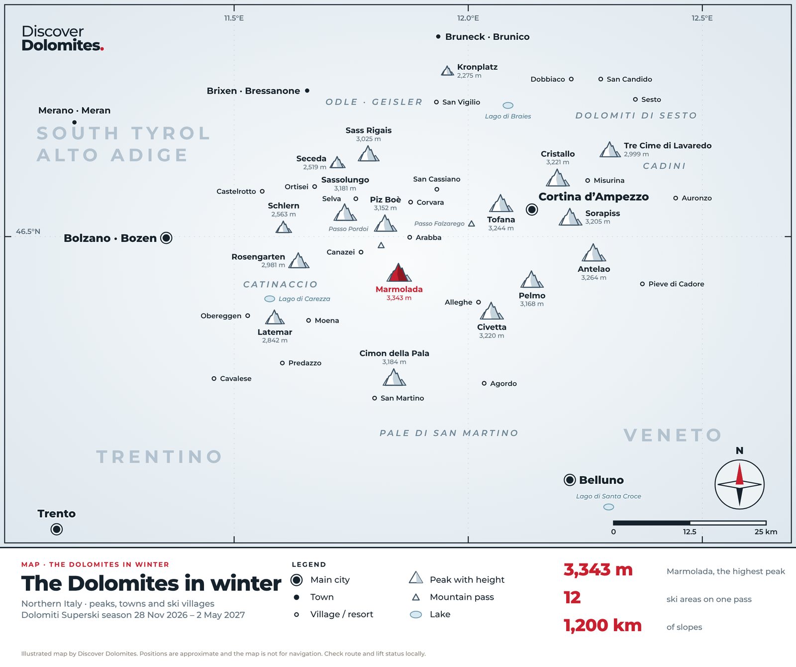 Winter map of the Dolomites with every ski area marked