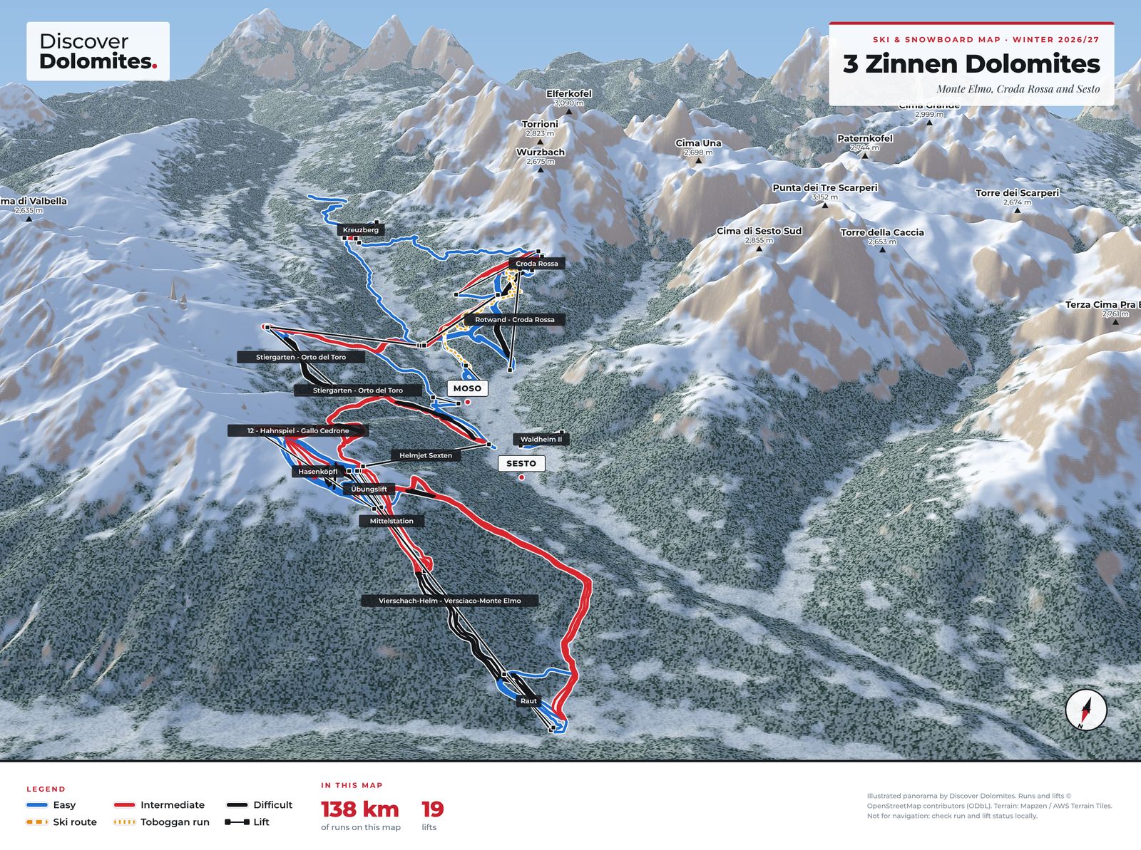 Illustrated ski and snowboard map of 3 Zinnen Dolomites