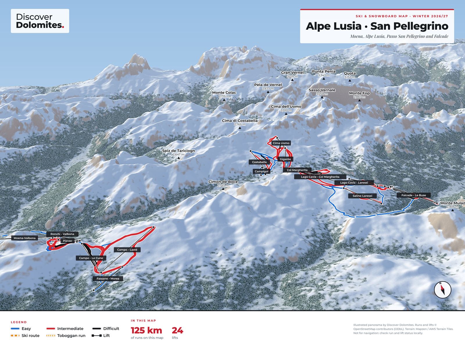 Illustrated ski and snowboard map of Alpe Lusia · San Pellegrino