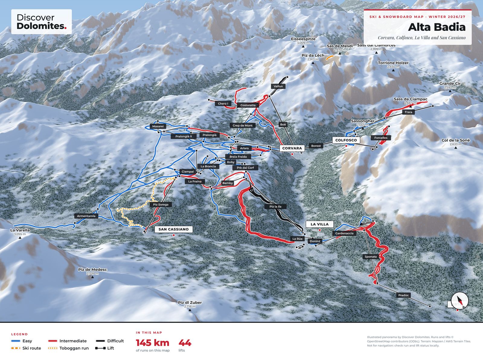 Illustrated ski and snowboard map of Alta Badia