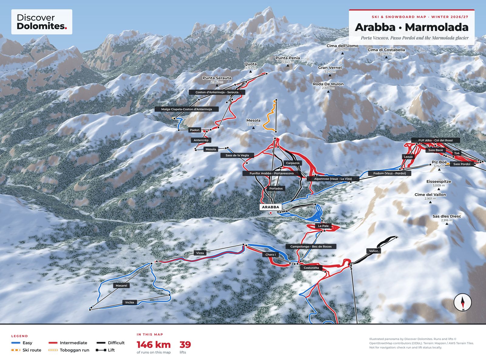 Illustrated ski and snowboard map of Arabba · Marmolada