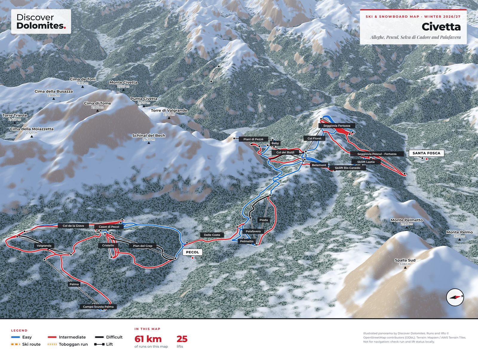 Illustrated ski and snowboard map of Civetta