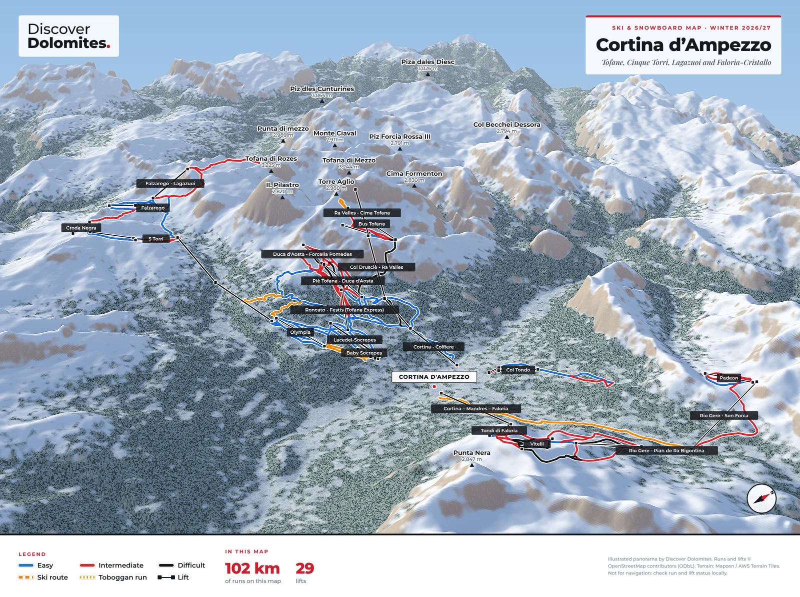 Illustrated ski and snowboard map of Cortina d’Ampezzo