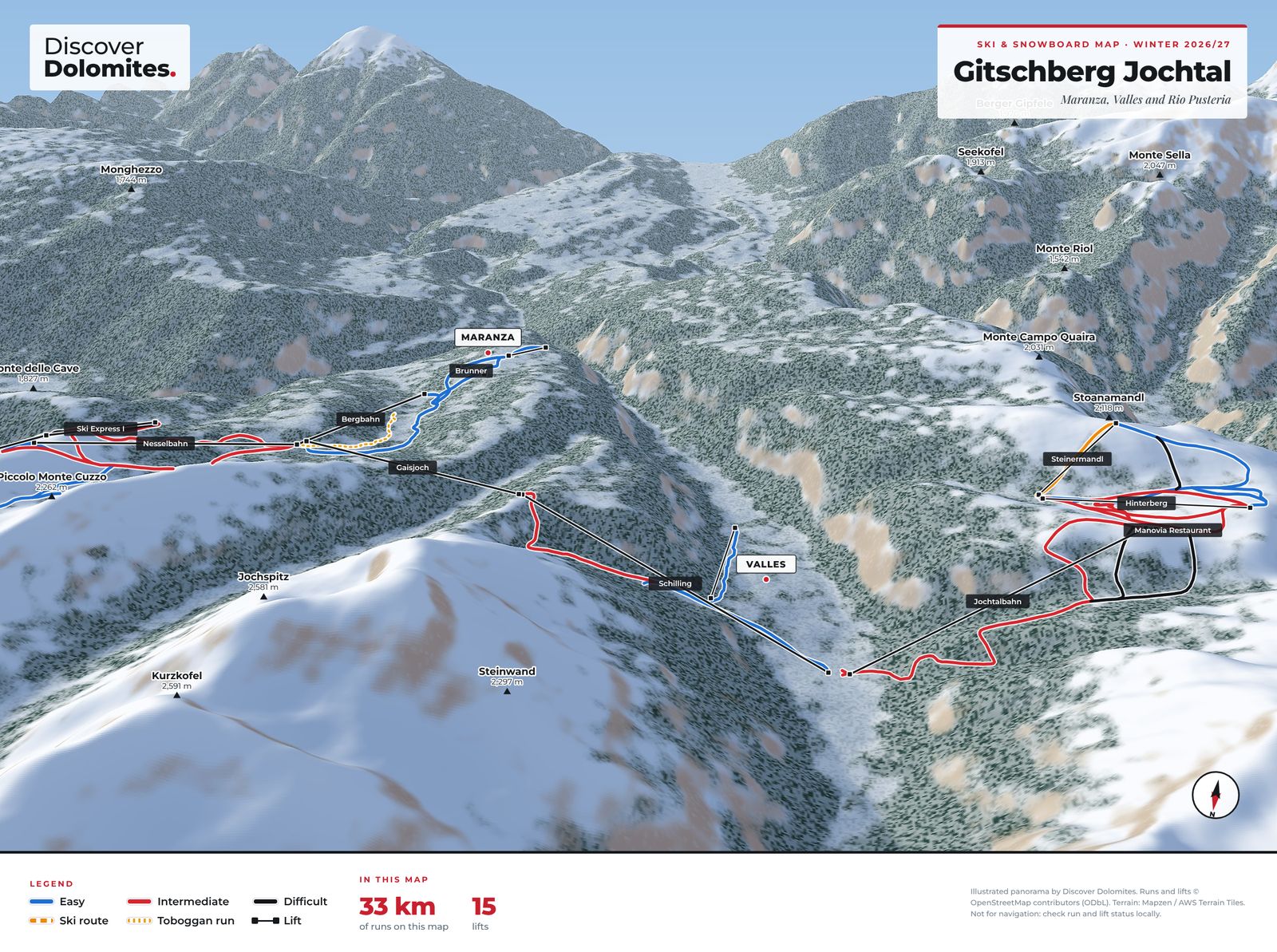 Illustrated ski and snowboard map of Gitschberg Jochtal