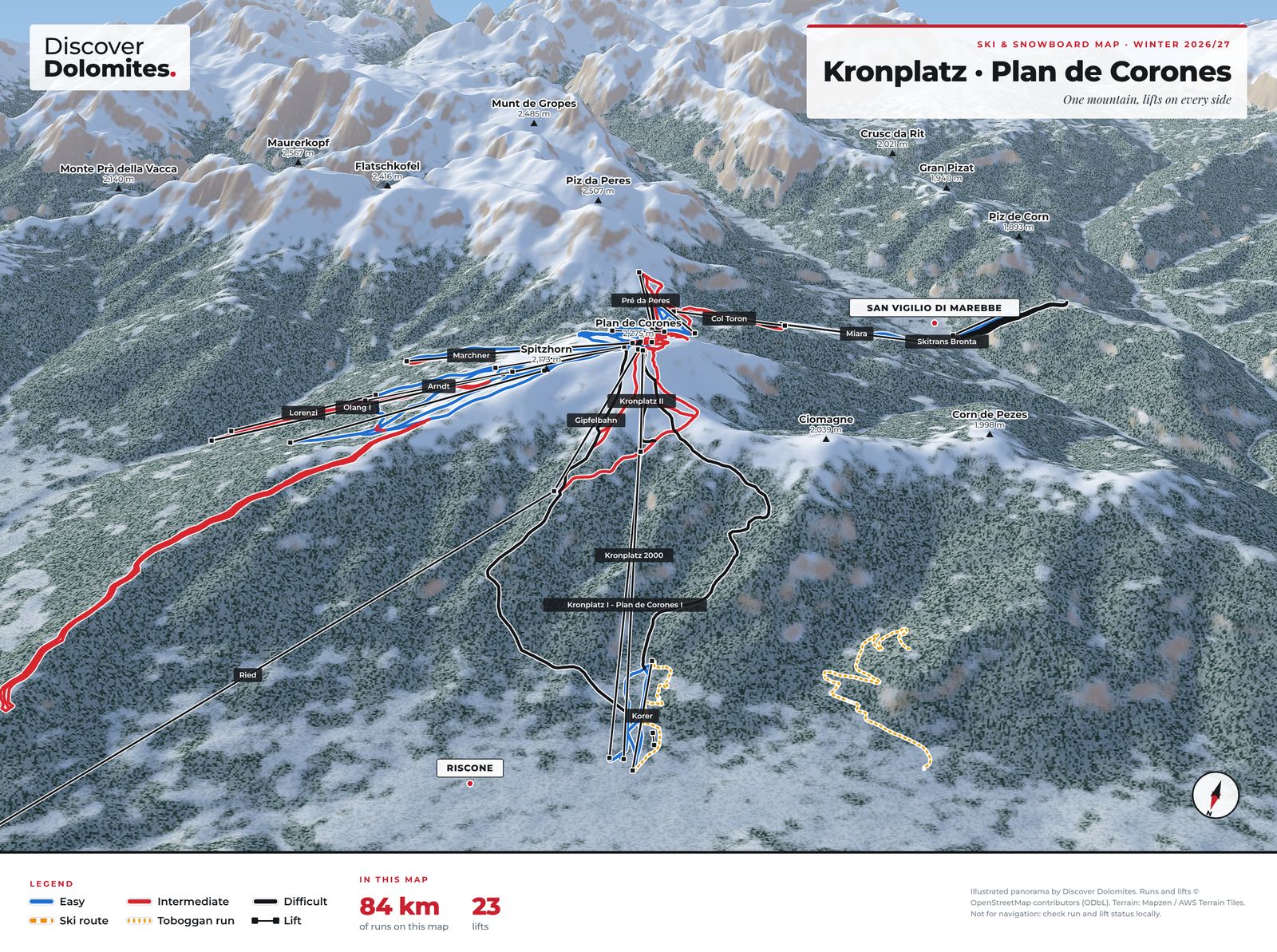 Illustrated ski and snowboard map of Kronplatz · Plan de Corones
