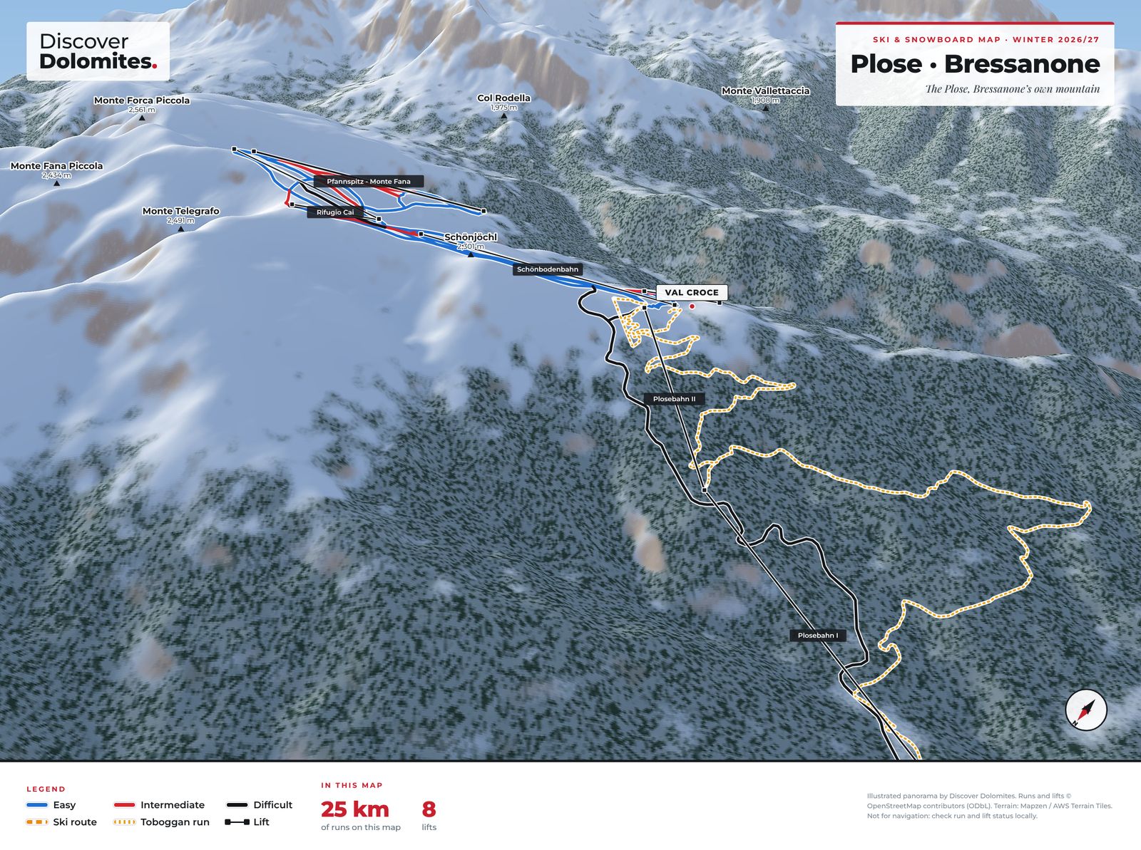 Illustrated ski and snowboard map of Plose · Bressanone