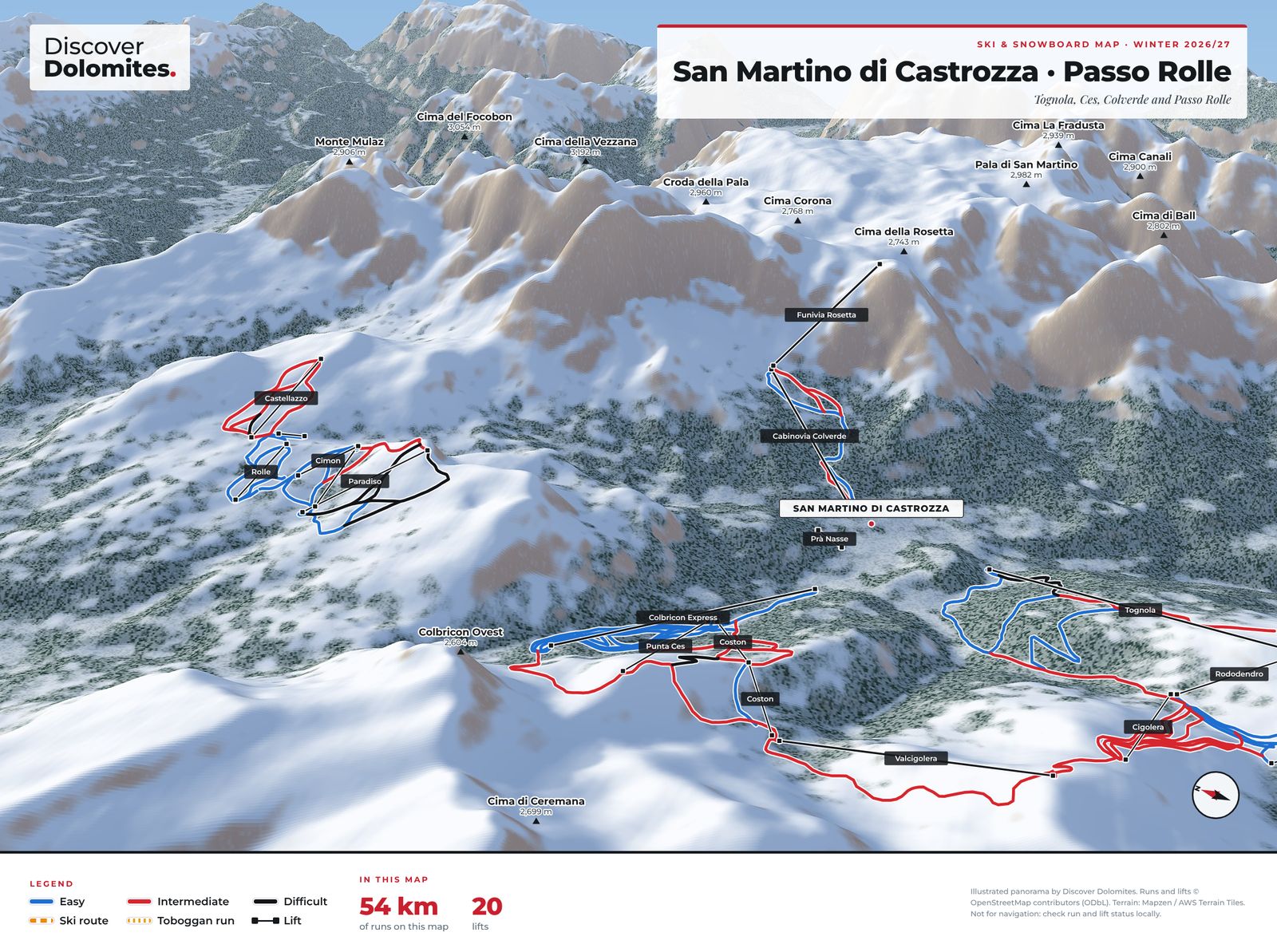 Illustrated ski and snowboard map of San Martino di Castrozza · Passo Rolle