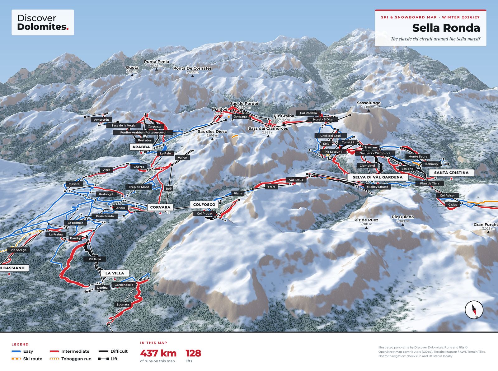 Illustrated ski and snowboard map of Sella Ronda