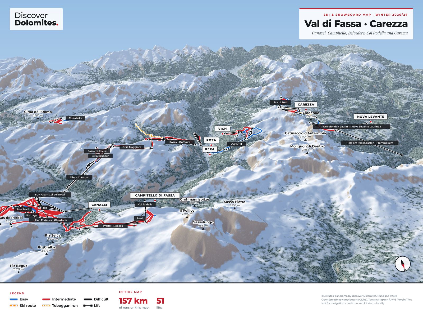 Illustrated ski and snowboard map of Val di Fassa · Carezza