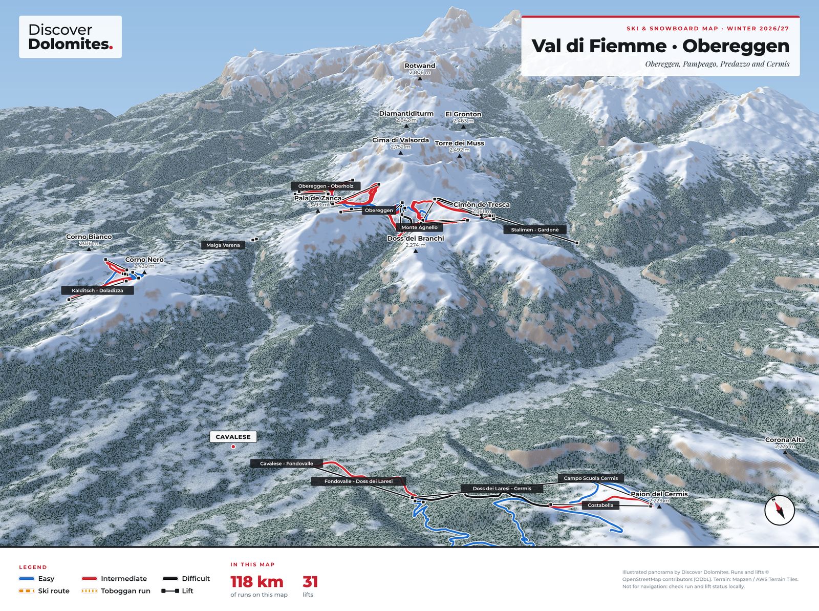 Illustrated ski and snowboard map of Val di Fiemme · Obereggen