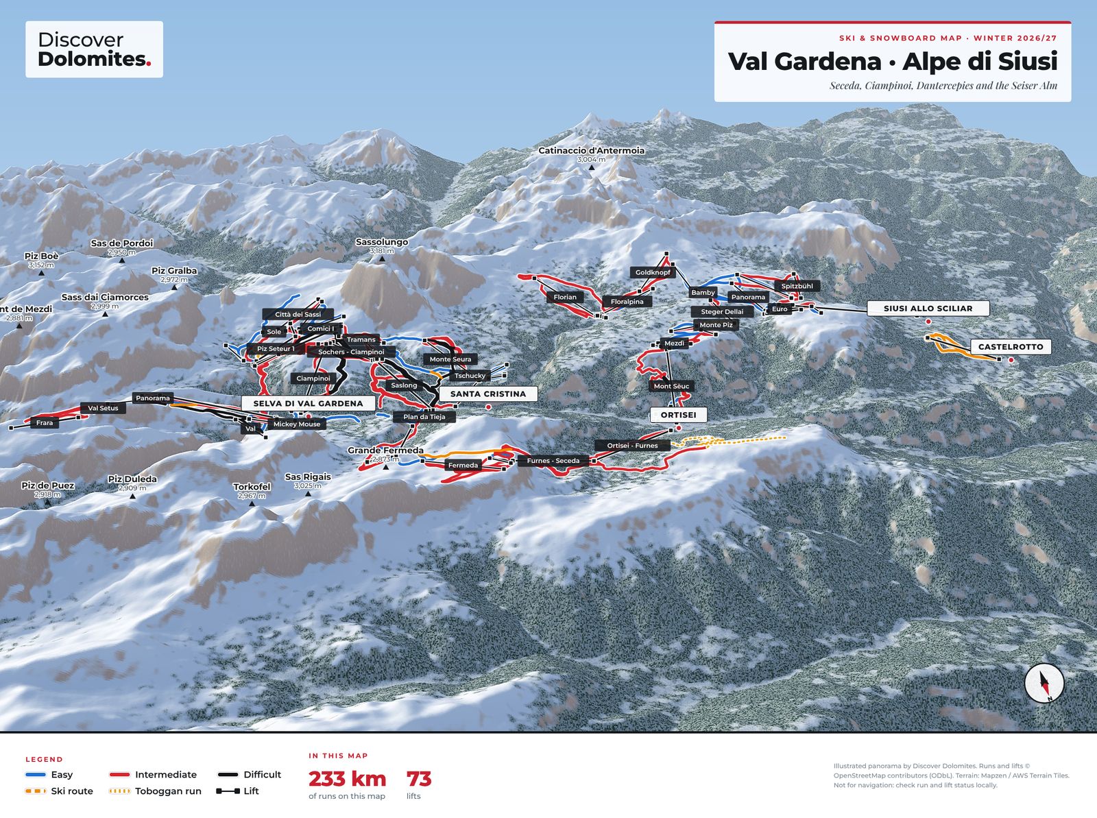 Illustrated ski and snowboard map of Val Gardena · Alpe di Siusi